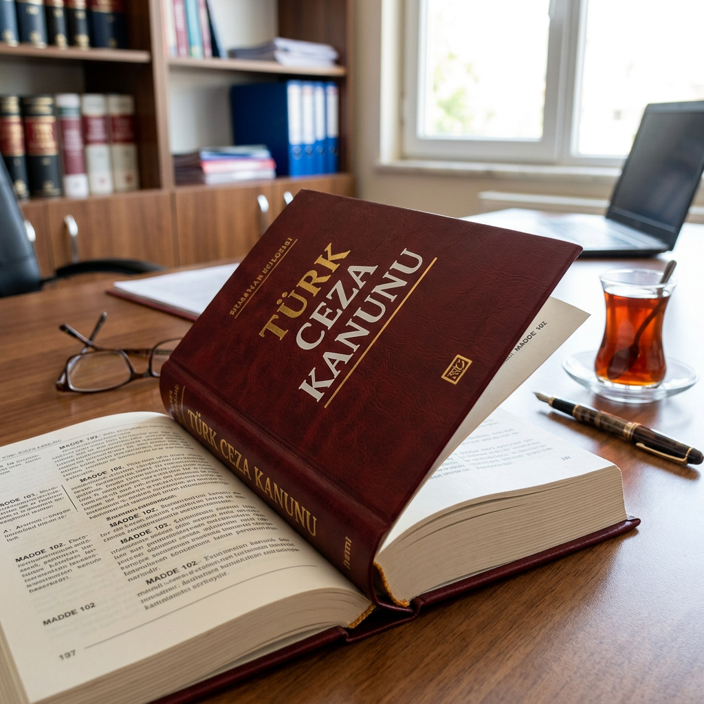 Open Turkish Criminal Code book on desk with glasses, pen, and tea