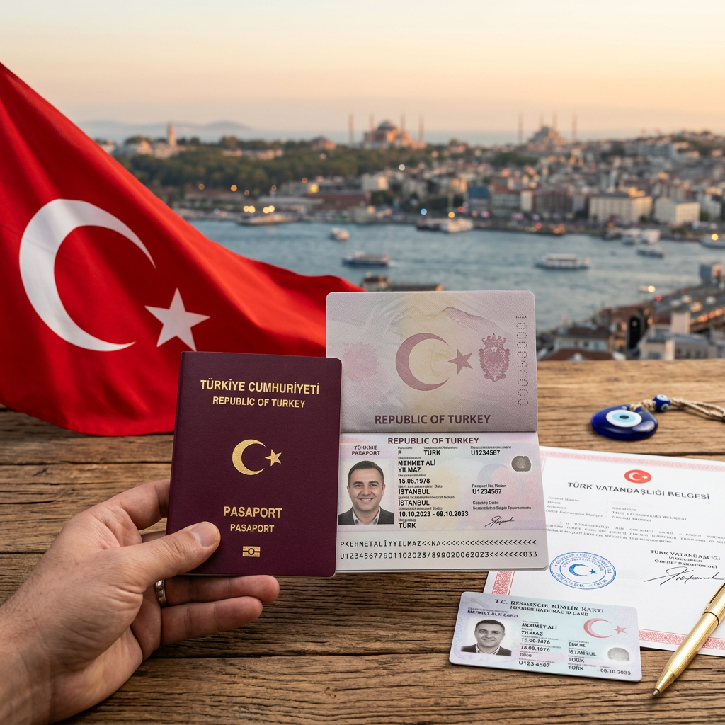 Turkish passport, national ID card, and official documents on wooden surface with Turkish flag background