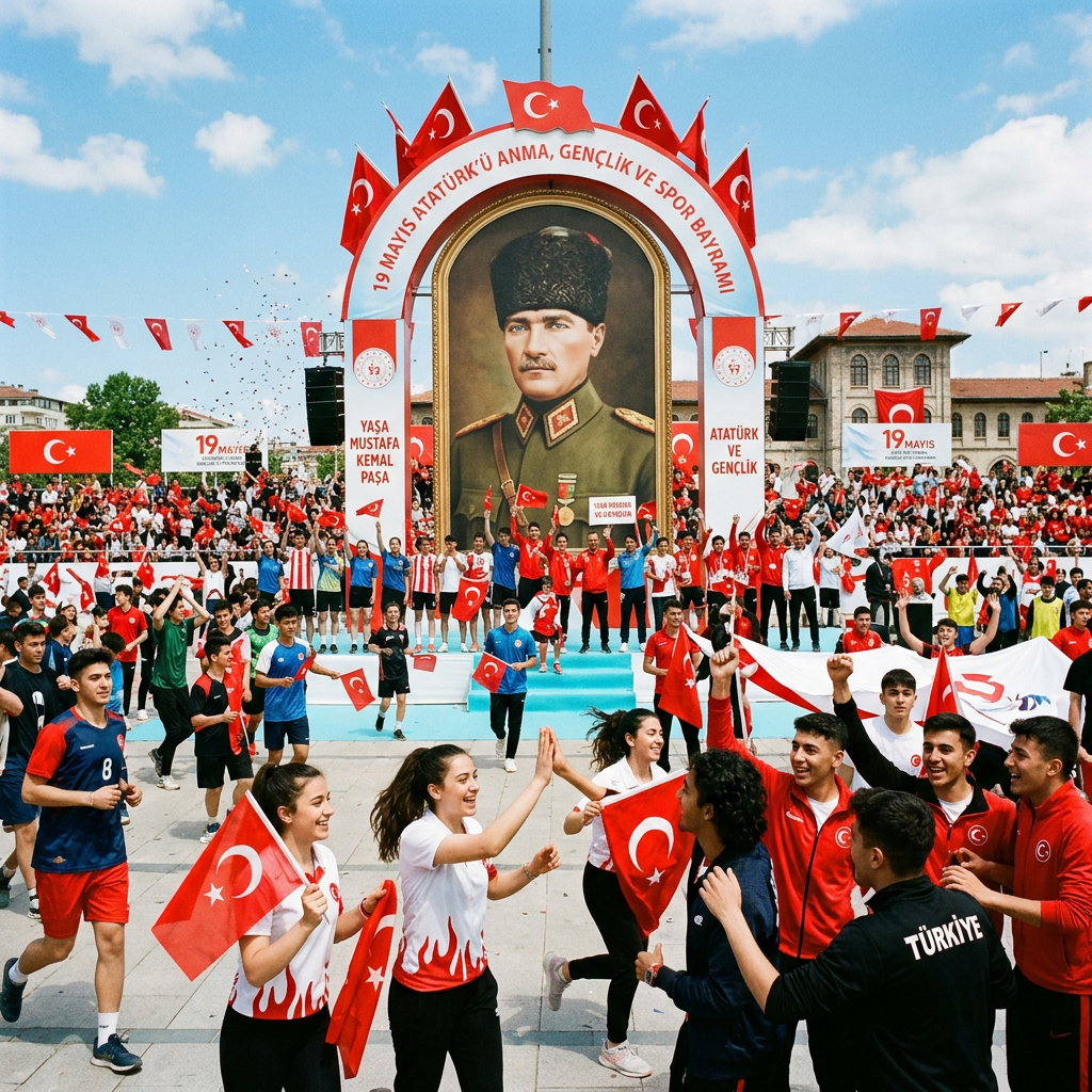 Youth celebrating 19 May Commemoration of Atatürk, Youth and Sports Day with Turkish flags in front of Atatürk portrait